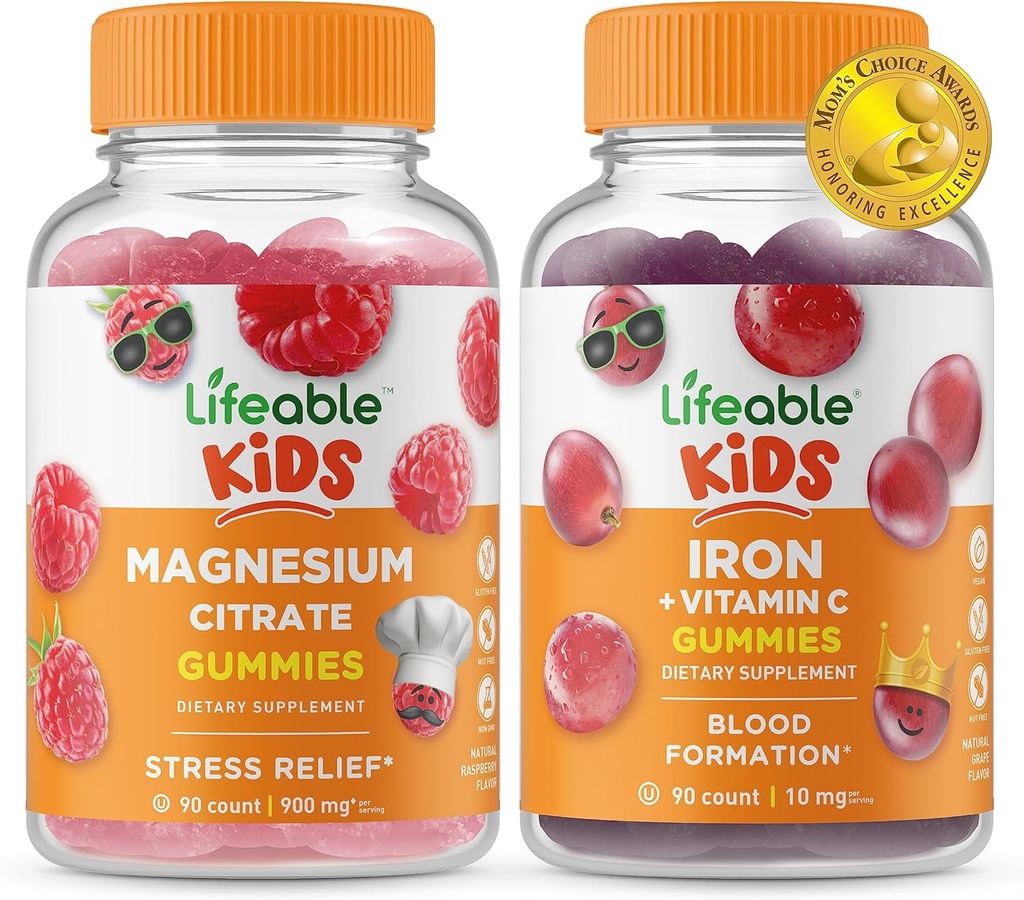 Magnésium Lifeable Enfants + Fer et vitamine C Enfants, Gommies Bundle - Grande dégustation, supplément de vitamine, sans gluten, sans OGM, gommy à croquer