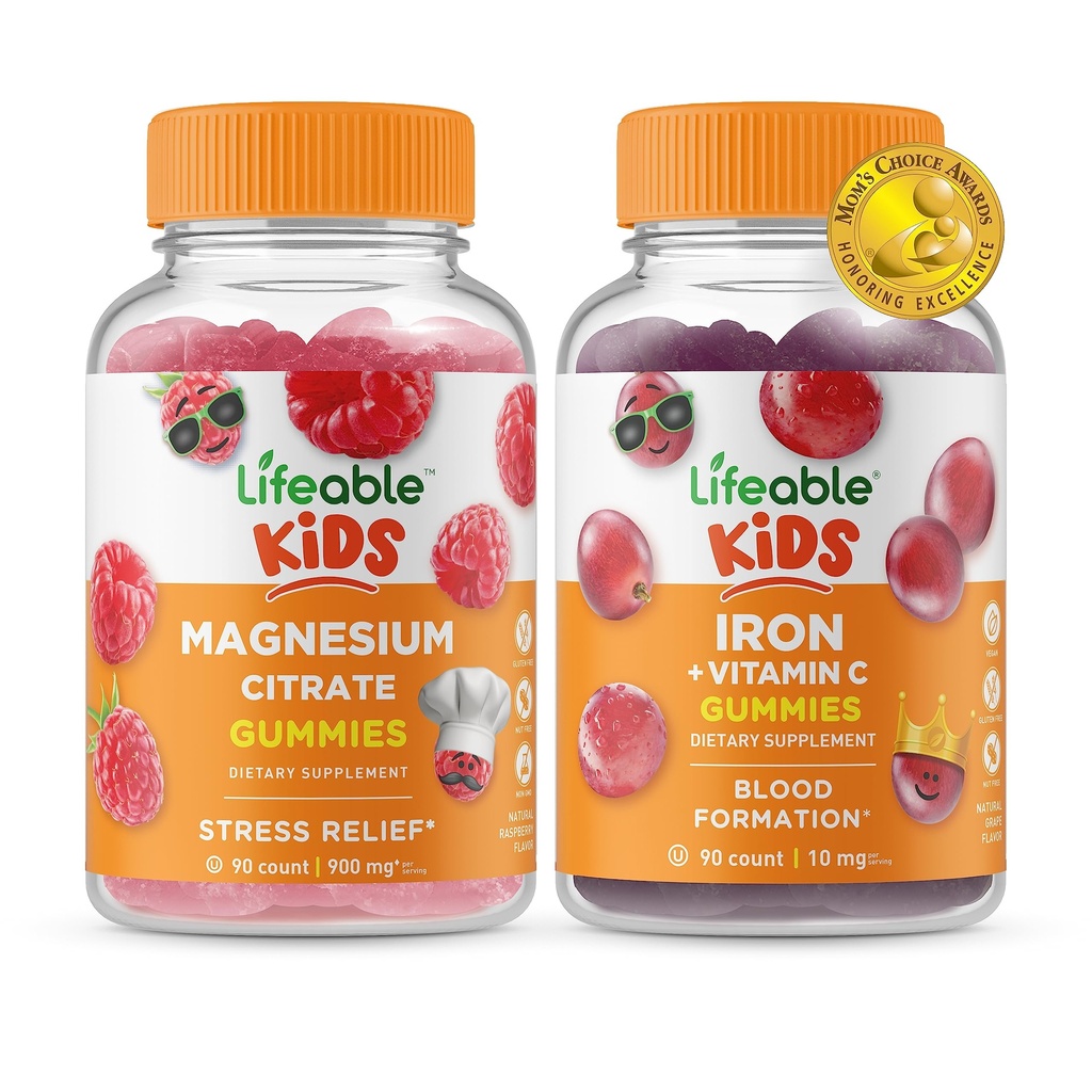 Magnésium Lifeable Enfants + Fer et vitamine C Enfants, Gommies Bundle - Grande dégustation, supplément de vitamine, sans gluten, sans OGM, gommy à croquer