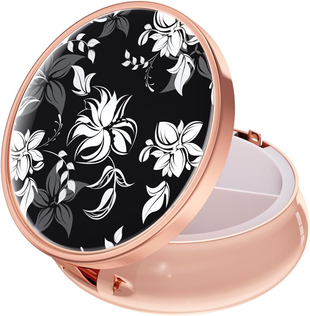 Rouidr Pill Box, 3 Compartment Medicine Pill Case, Small Metal Travel Medicine Box for Purse & Pocket, Rose Gold, Black Flower