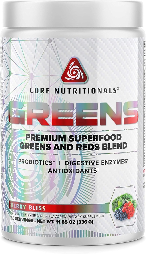 Noyau nutritionnel Verts Premium Reds & Greens Blend de 5 milliards de dollars CFU Probiotiques, enzymes digestives et antioxydants 30 portions (Berry Bliss)