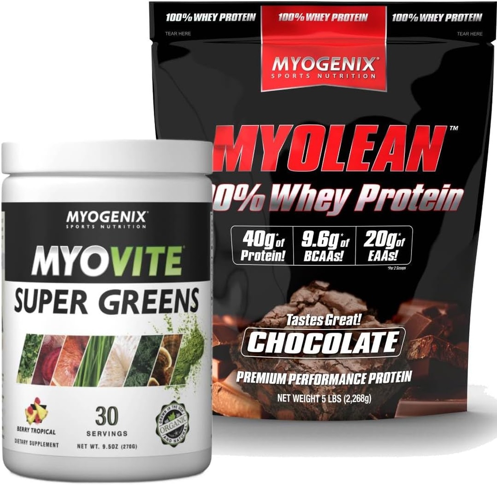 Myogenix Myovite Supergreens Poudre et Myolean Chocolate Whey Protein Bundle – Digestion, immunité et 40g High-Protein Whey – Soutien Gut Santé, croissance musculaire et récupération