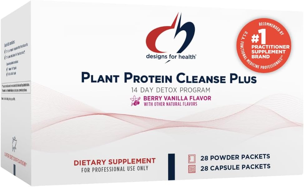 Designs for Health Plant Protein Cleanse Plus Programme de désintoxication de 14 jours - Promotion de la fonction saine du foie + Nettoyage métabolique avec des antioxydants + herbes, végétarien (28 boissons en poudre de protéines + emballages de vitamines)