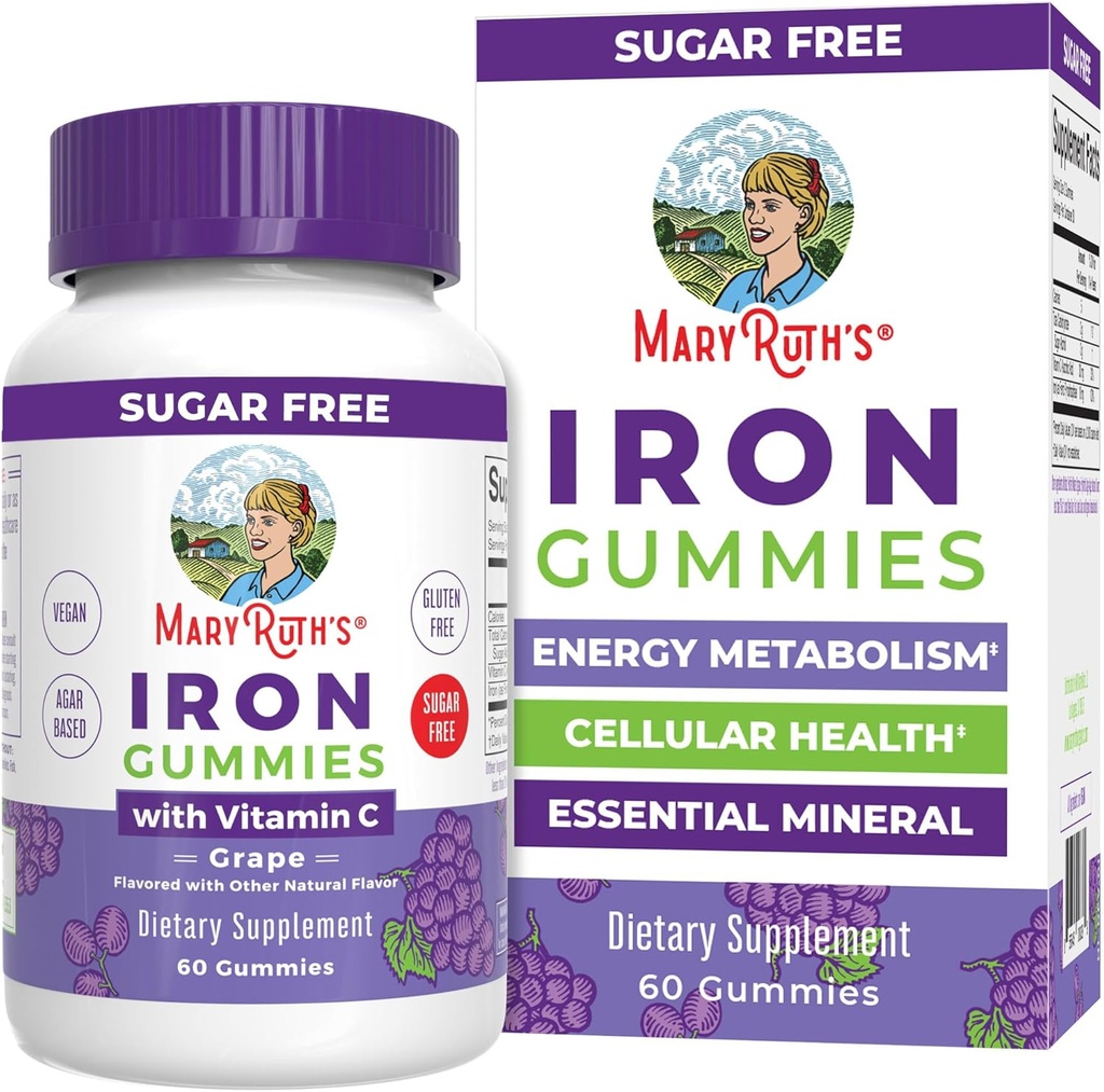 MaryRuth Organics Gommies de Fer pour 14+ avec de la vitamine C pour l'absorption de sucre Sans sucre Supplément de Fer Gummy + VIT C.T. Métabolisme énergétique