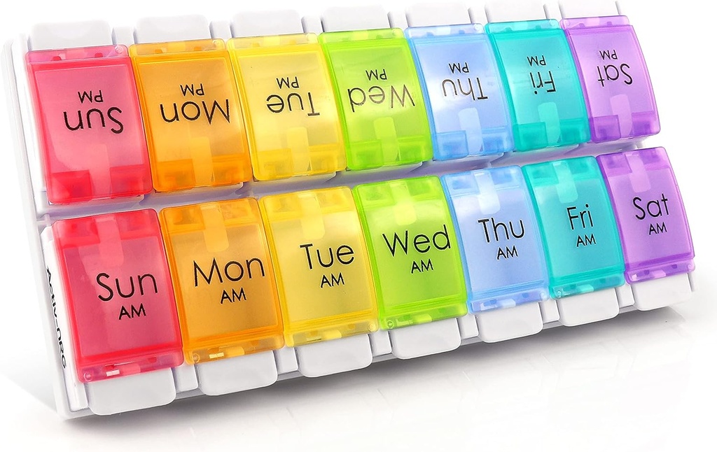 Organisateur de pilules avec bouton-poussoir facile - Pill Box multi-couleurs 7 jours AM/PM - Organisateur quotidien pratique de pilules pour la gestion des médicaments
