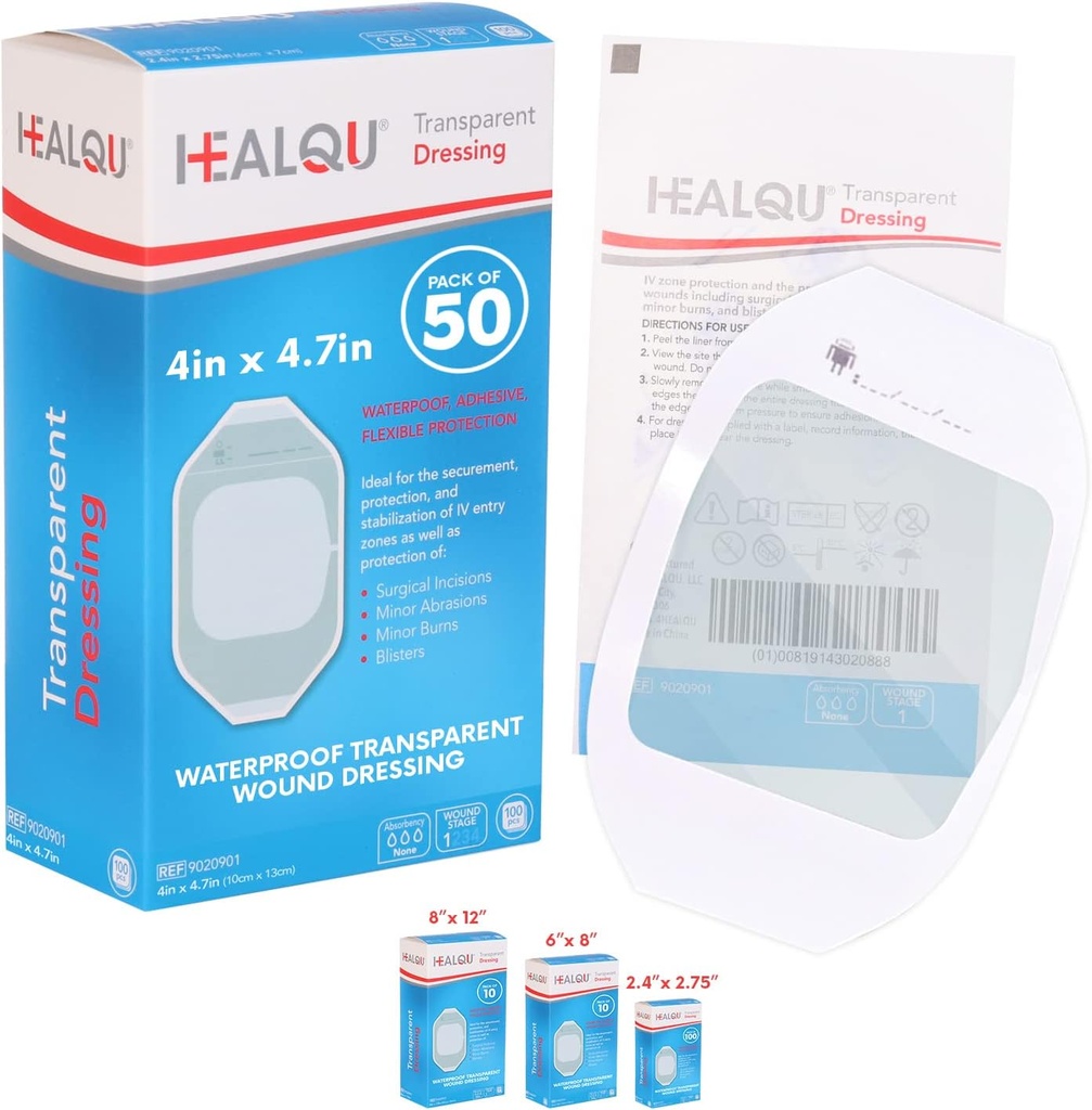 Dressing de film transparent 4" x 4,75" (50 Pack) – Bandes adhésives étanches pour douche post-chirurgicale, bouclier IV, soins post-tattoo, Patchs transparents respirants par HEALQU