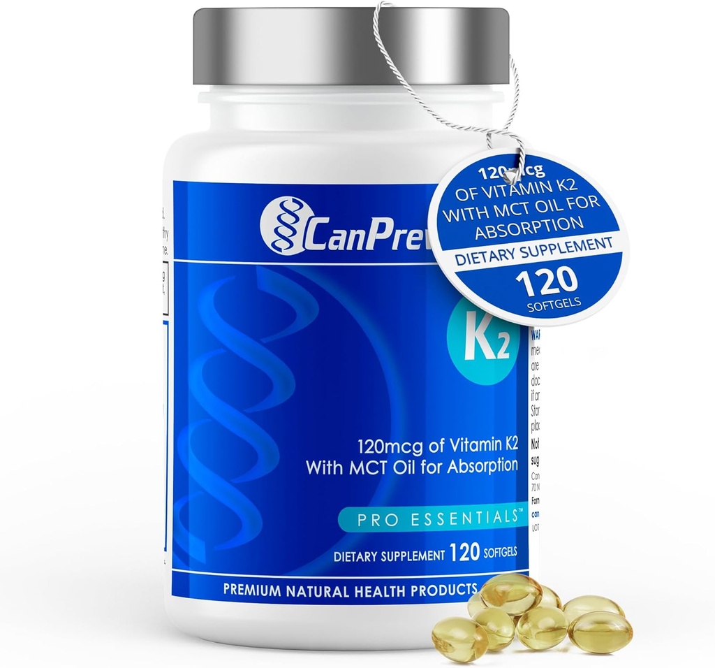 CanPrev K2 120mcg à l'huile de coco biologique, 120 Softgels 120 jours d'approvisionnement - Absorption améliorée pour le soutien optimal des os et des dents, vitamine haute puissance K2 pour le maintien d'os et de dents forts