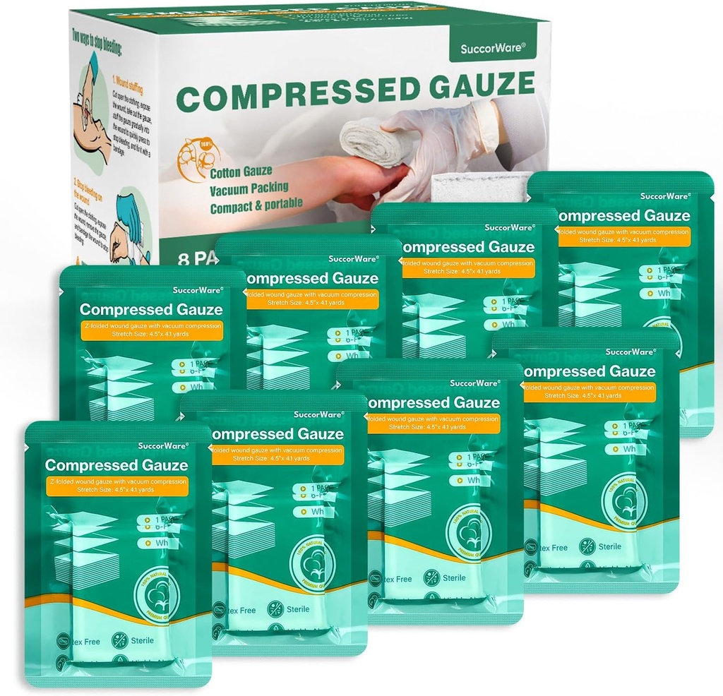 8 Emballages Gauze comprimé stérile avec pli Z - Gauze de plaie pour arrêt saigné, 4,5" x 4,1 Jardons, 6-Ply - pour trousse de premiers soins, trousse de trauma médical, IFAK