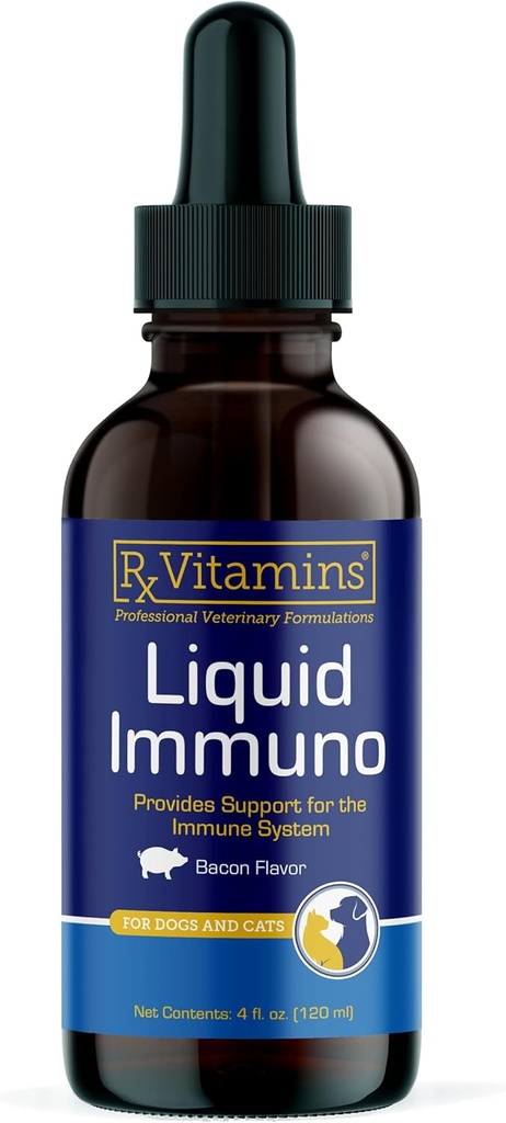 Rx Vitamines Liquid Immuno Dog & Cat Immune Support - Supplément Champignon Reishi pour chiens et chats Plus L-Lysine - Suppléments Idéal pour les yeux, Suppléments Immunitaires pour animaux de compagnie - 4 oz