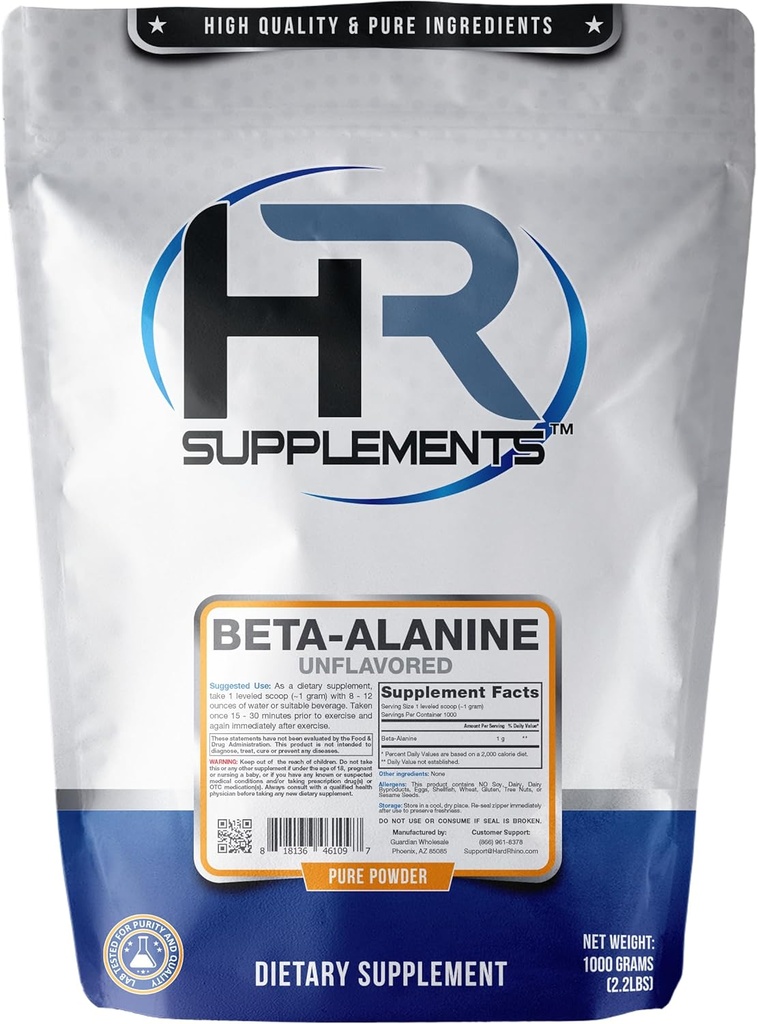 Poudre bêta-alanine, 1 kilogramme (2,2 lbs), Non aromatisé, Testé en laboratoire, Scoop inclus