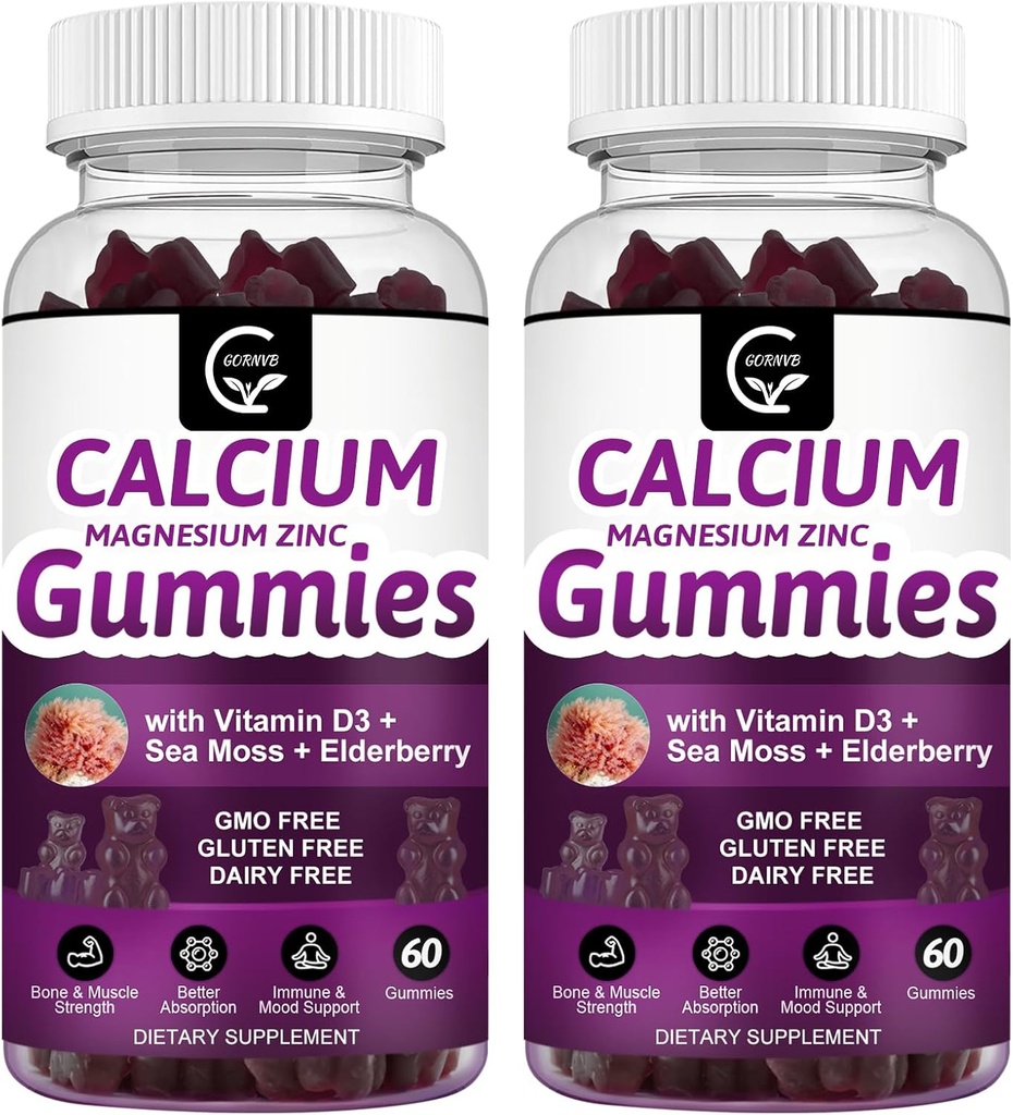 Calcium Magnésium Zinc Gommies à haute absorption Magnésium Glycinate Potassium - Complexe végétal Calcium Magnésium 2:1 Ratio, avec D3 de la mousse de mer pour os, muscles, Immune et soutien du sommeil, Vegan-2 Pack