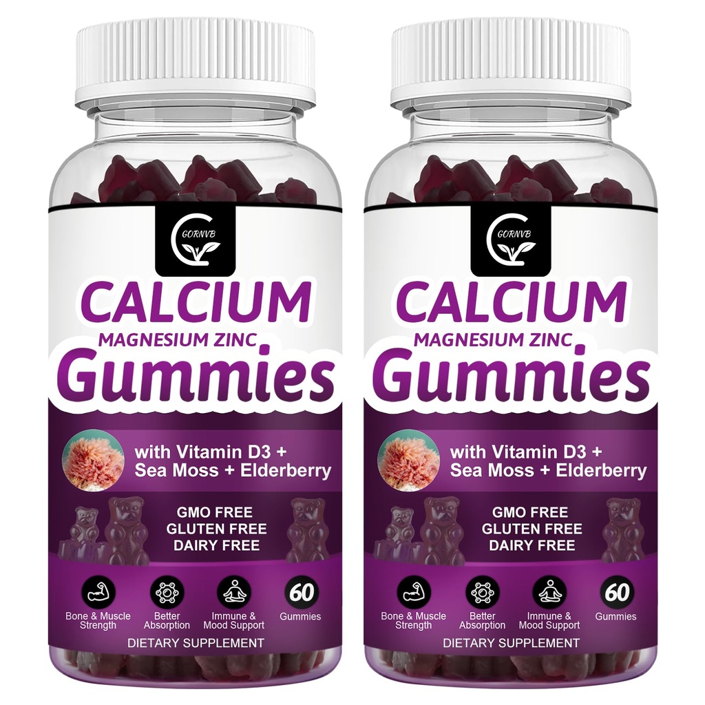 Calcium Magnésium Zinc Gommies à haute absorption Magnésium Glycinate Potassium - Complexe végétal Calcium Magnésium 2:1 Ratio, avec D3 de la mousse de mer pour os, muscles, Immune et soutien du sommeil, Vegan-2 Pack