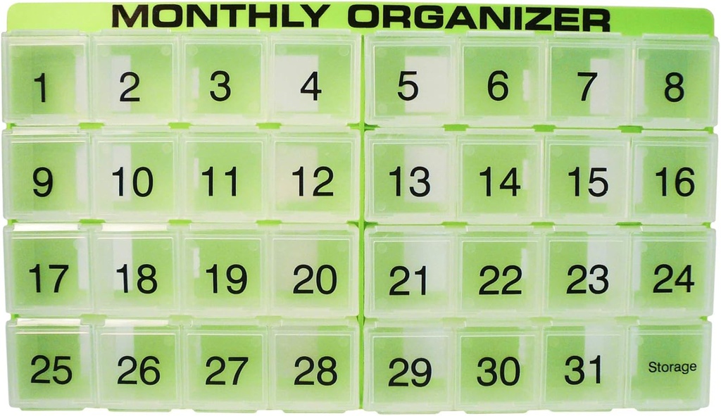 31 compartiments, 1 par jour, 4 semaines Monthly Pill Organizer par Promed. Comprend le bac et 8 compartiments amovibles. (Vert)