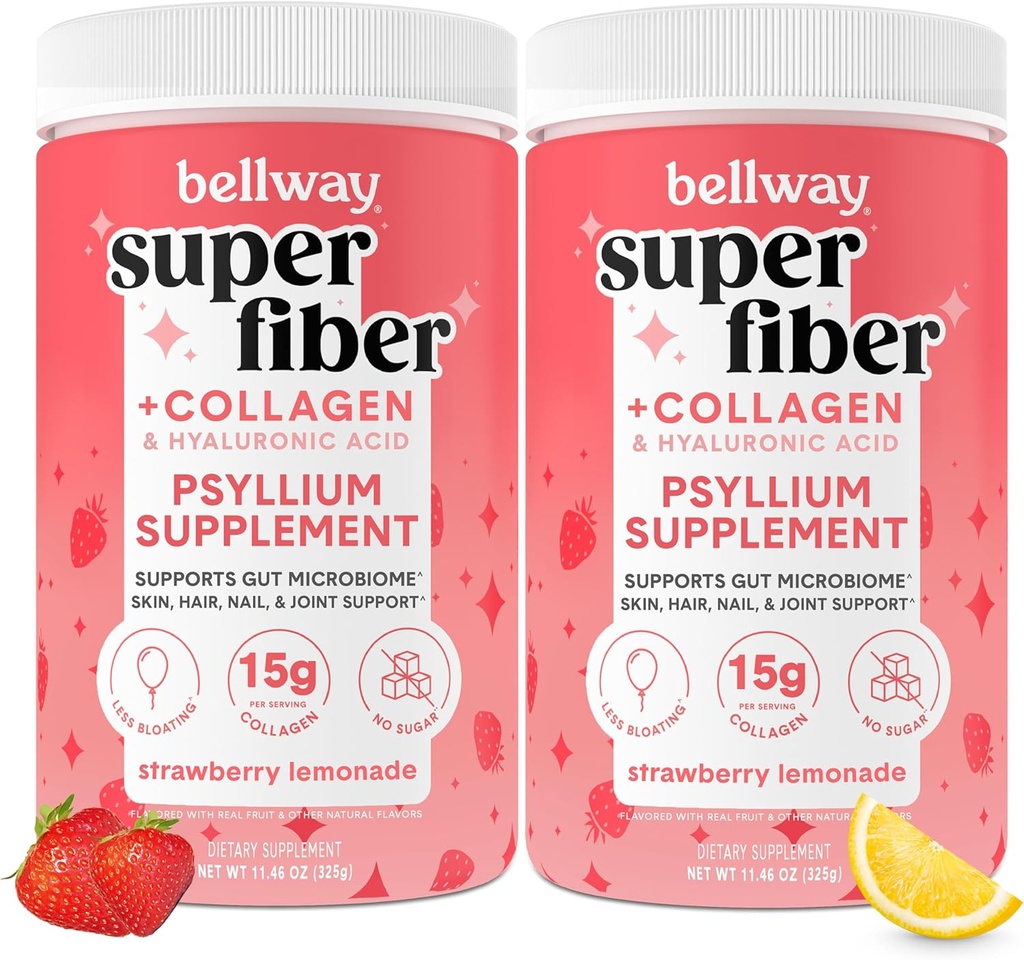 Poudre Super Fibre de Bellway + Collagène (2 pack), Poudre sans sucre de Psyllium avec Peptides de Collagène pour la santé des Guts, peau saine, ongles, os et articulations, citronade aux fraises (22,92 oz)