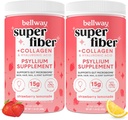 Poudre Super Fibre de Bellway + Collagène (2 pack), Poudre sans sucre de Psyllium avec Peptides de Collagène pour la santé des Guts, peau saine, ongles, os et articulations, citronade aux fraises (22,92 oz)
