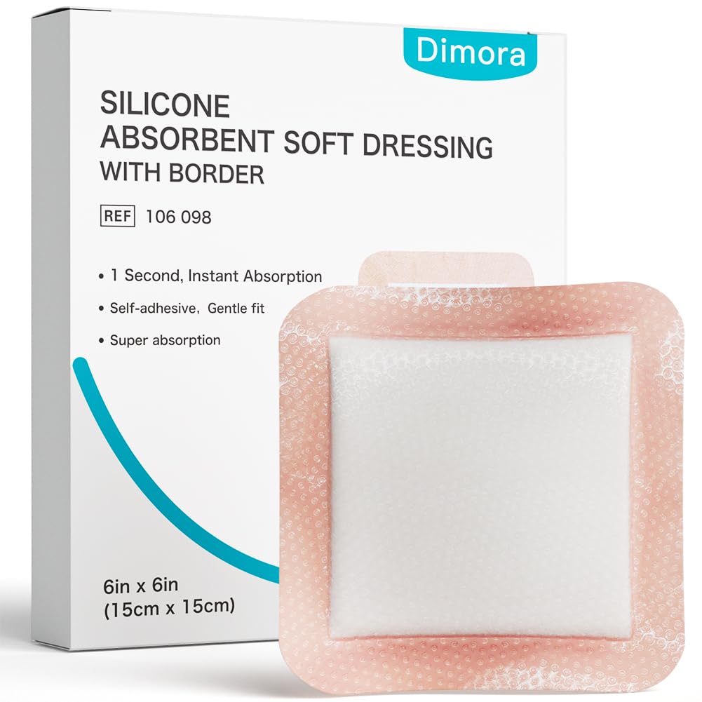 Dimora Silicone Super Absorbent Robes de Blessure - bandages adhésifs doux avec Ultrasorb Polymer,Lourdes Plaquettes de soins de Blessure Exudate 6"X 6" 10 Packs