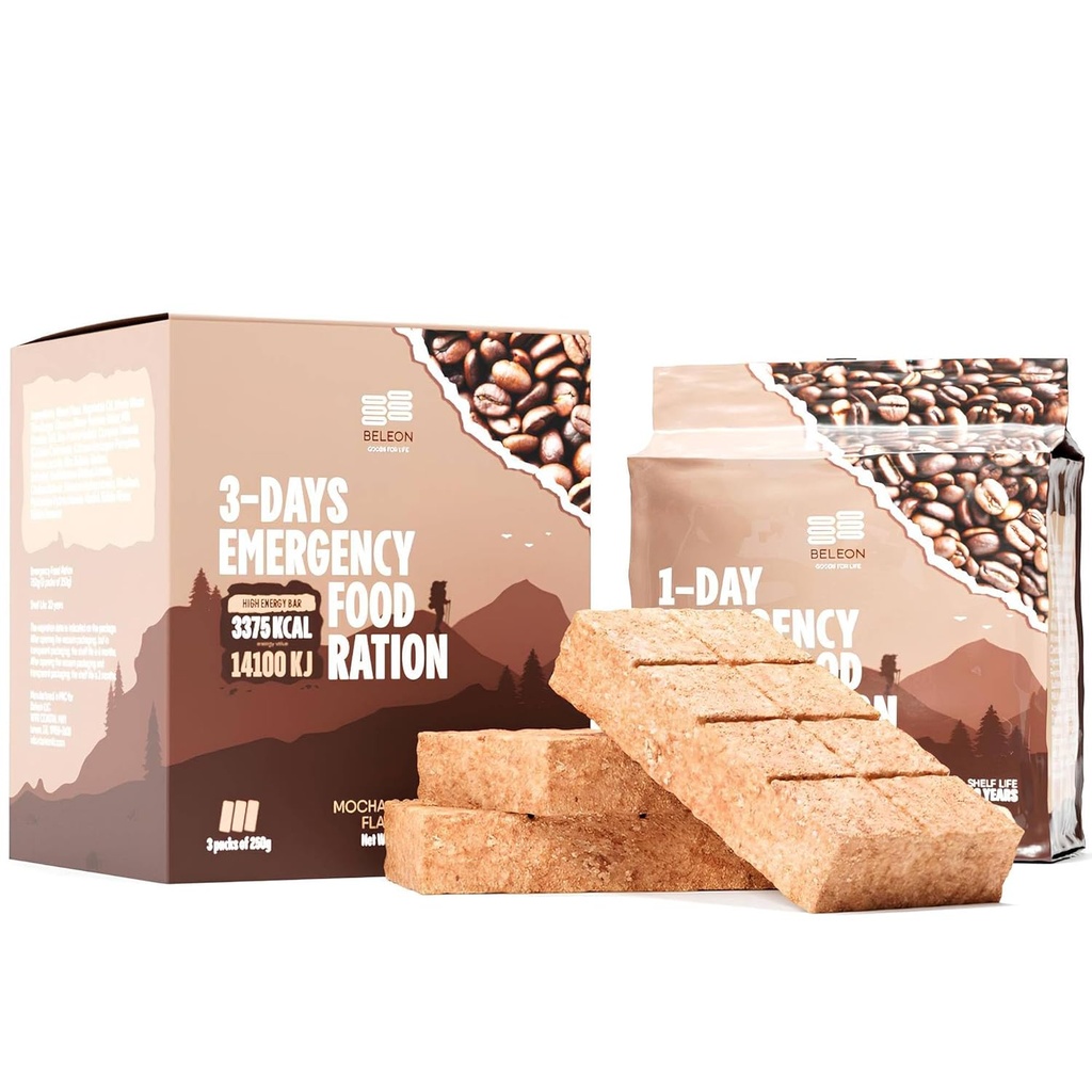 Alimentation d'urgence 3 jours 72 heures Café Mocha Biscuit Bars MRE Repas Militaires 2024 Trousse de survie - 20 ans Durée de conservation Camping Fournitures de randonnée