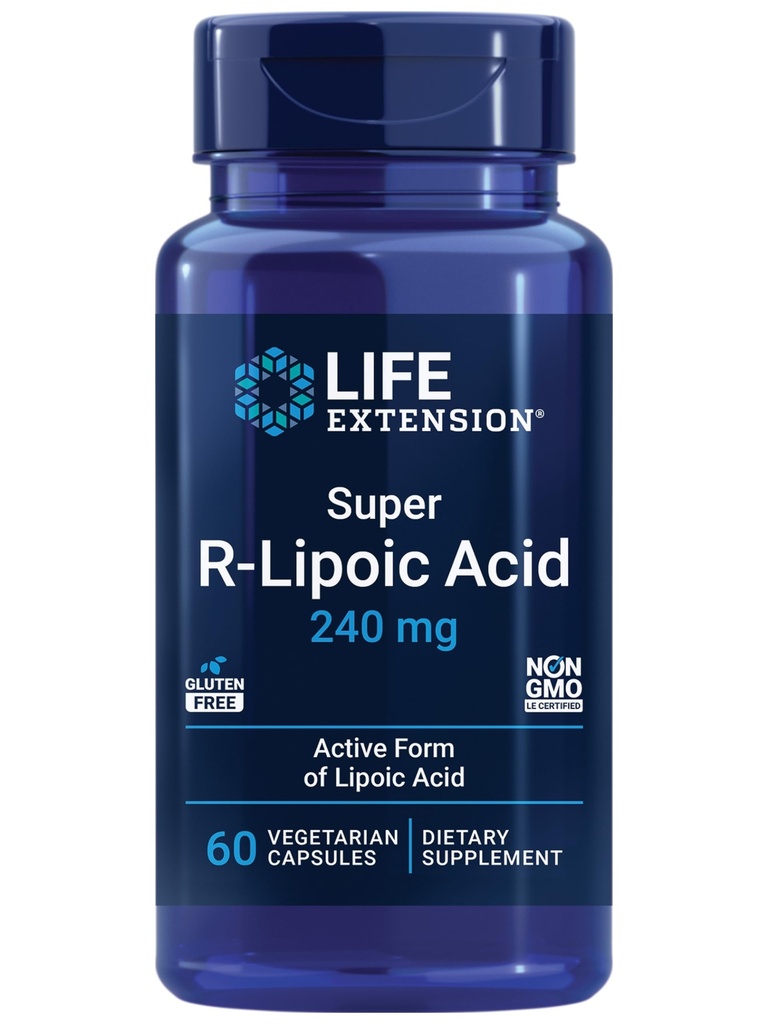 Extension de vie Super acide R-lipoïque – Vieillissement en santé, défense contre le stress oxydatif – avec 240 mg de R-forme active de l'acide R-lipoïque – Sans gluten – Non-OGM – Végétarien – 60 capsules