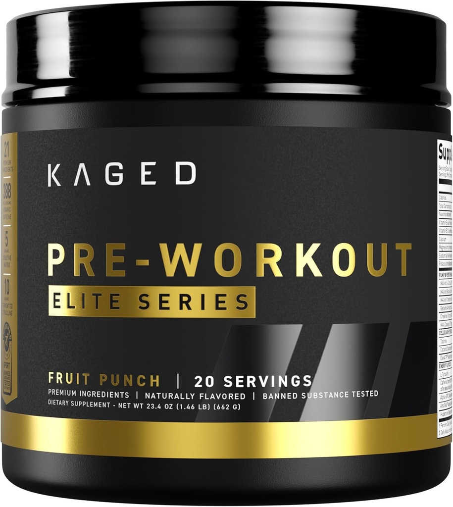 Kaged High Stimulant Pre Workout Powder | Fruit Punch | Pre-Kaged Elite | L-Citrulline | Creatine | Beta Alanine | 388mg Caffeine | Nitric Oxide Booster | 20 Servings