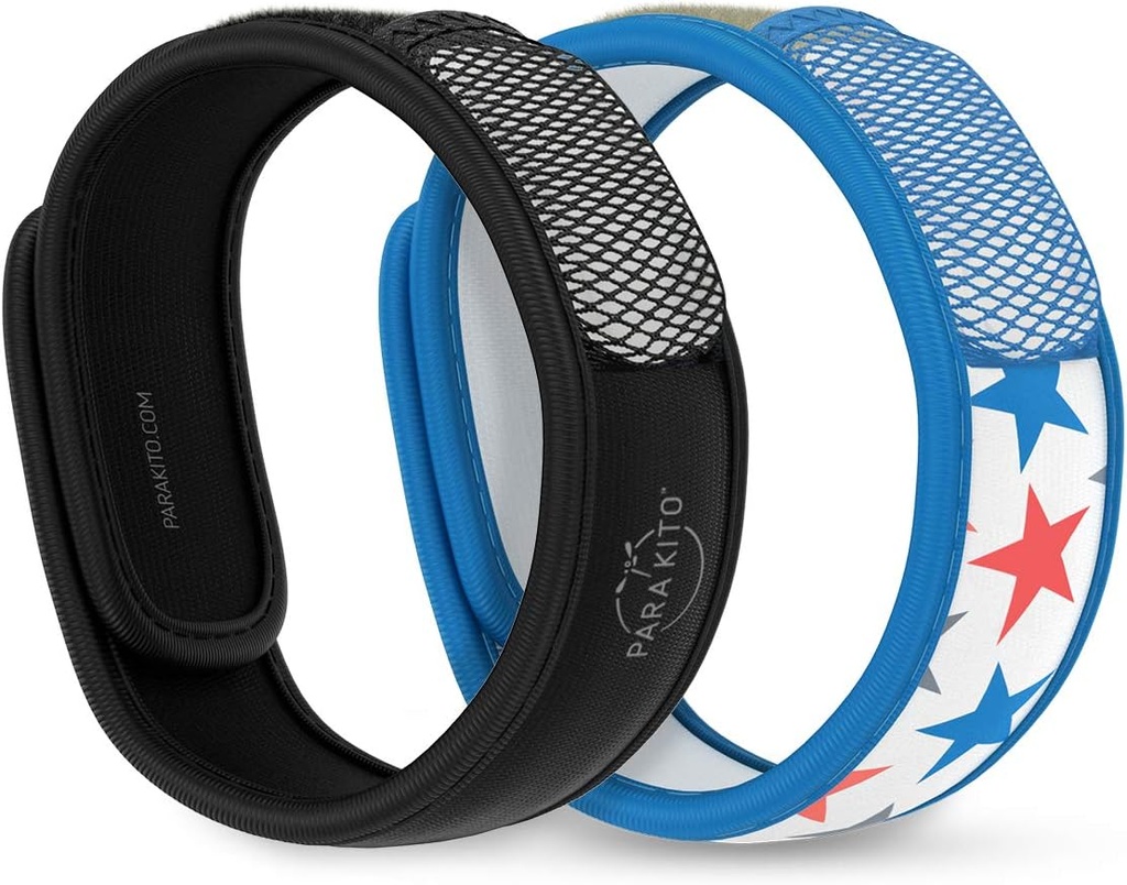 Bracelets anti-moustiques PARA'KITO + Pellets de Recharge, Bracelets de Mosquito, Huile de menthe poivrée, Repelleur de Mosquito gratuit DEET, Accessoires de randonnée, 2 Bracelets & 2 Recharges (Noir + Étoiles)