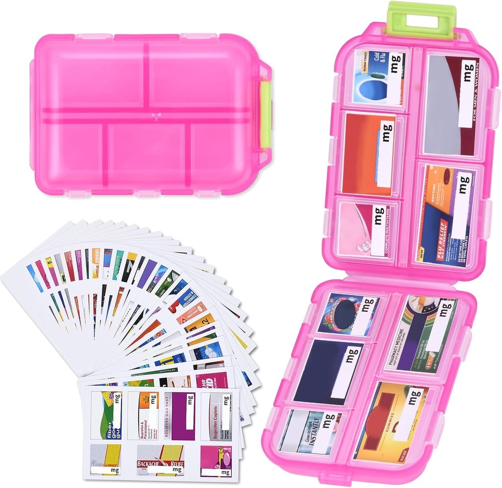 1 Pack 10 GRIDS Travel Pill Organizer Box with 189 Etiquettes - Trousse de médicaments de voyage - Pocket Daily Pharmacie Conteneur - Distributeur de médicaments de voyage pour l'huile de poisson