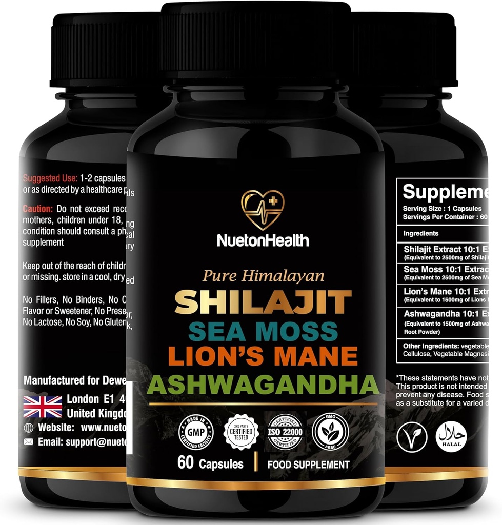 Shilajit, Sea Moss, Lion's Mane et Ashwagandha Capsules - Supplément complet de bien-être tout-en-un pour l'esprit, le corps et la vitalité - 60 Capsules Vegan
