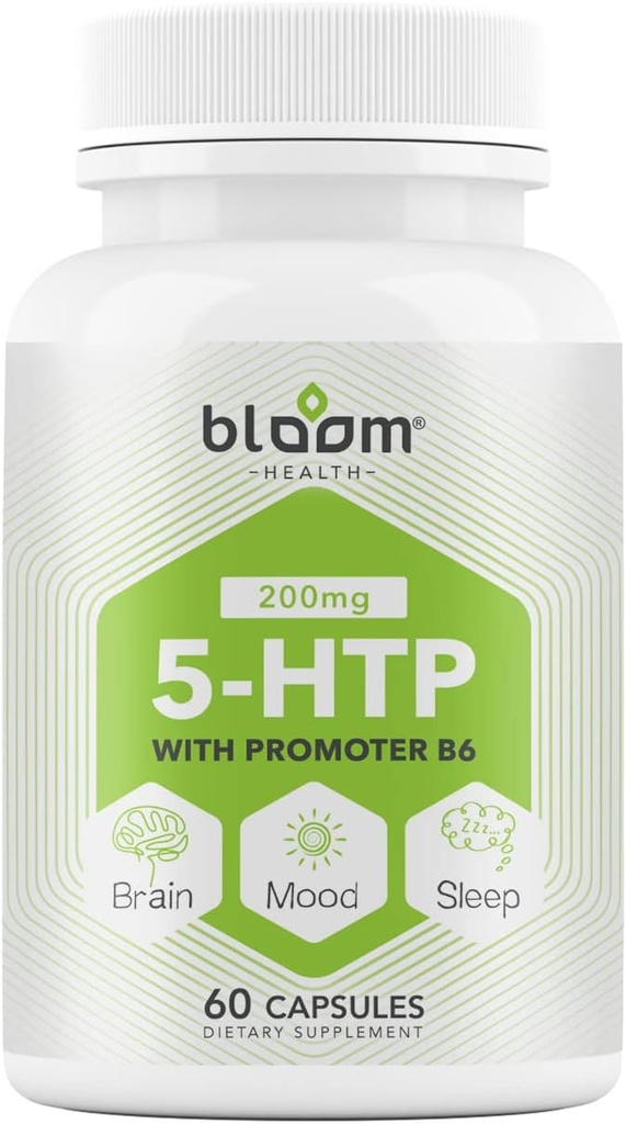 5 HTP 200mg Supplément, Vitamine B6 Sommeil naturel, Concentration, Enhancer d'humeur- 4 en 1 Formule Gluten végétalien, Blé, Lactose, Capsules sans soja - 60 Compte