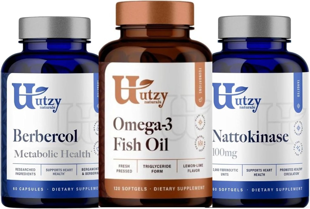 Utzy Naturals Berbercol de 500mg Citrus Bergamot (comme Bergamonte) & Berberine, Nattokinase de 100mg + Omega 3 Huile de poisson