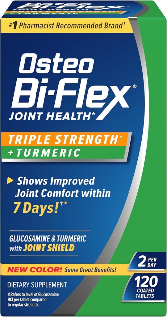 Osteo Bi-Flex Glucosamine Triple Strength Plus Supplément curmérique avec Curcumine pour le soutien et la portée de mouvement interarmées, 60 jours d'approvisionnement, 120 comprimés enduits, compléments nutritionnels mixtes santé