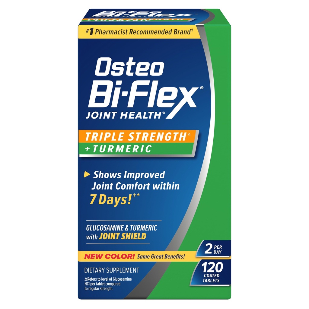 Osteo Bi-Flex Glucosamine Triple Strength Plus Supplément curmérique avec Curcumine pour le soutien et la portée de mouvement interarmées, 60 jours d'approvisionnement, 120 comprimés enduits, compléments nutritionnels mixtes santé