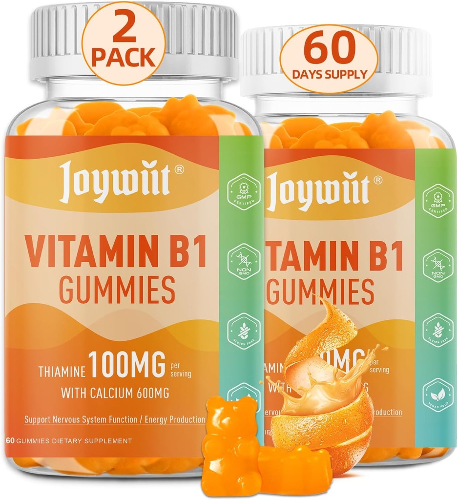 Vitamine B1 Gummies 100mg pour les adultes et les enfants, Thiamine B1 Supplément avec 600mg Calcium, Système nerveux Supports et Boost Energy, Orange Flavor, Non OGM, Vegan, 120 Gummies à croquer