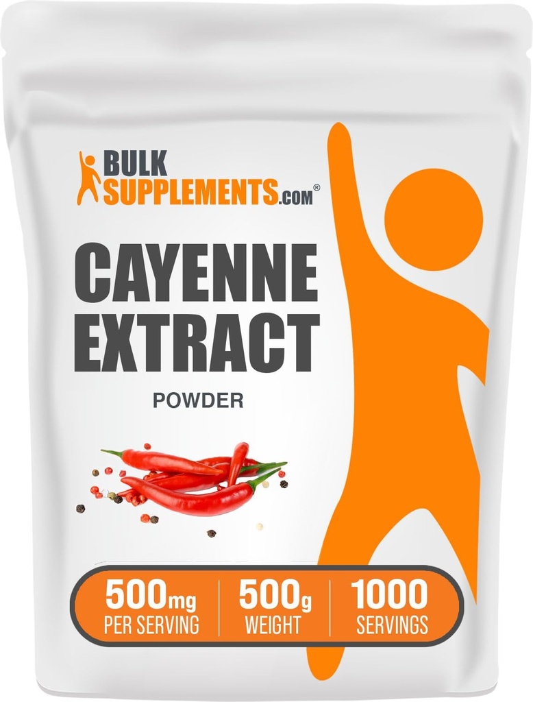 BulkSupplements.com Cayenne Poudre d'extrait de poivre - Supplément de capsaicin, Extrait de capsicum - 500mg d'extrait de Cayenne par portion, Supplément de Cayenne - Sans gluten (500 grammes - 1,1 lb)