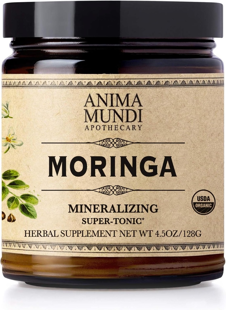 Anima Mundi Apothecary Moringa Poudre de feuille - Pure Bio Rainforest Superfood - Supplément de soutien énergétique, poudre verte naturelle et non OGM (6oz / 170g)