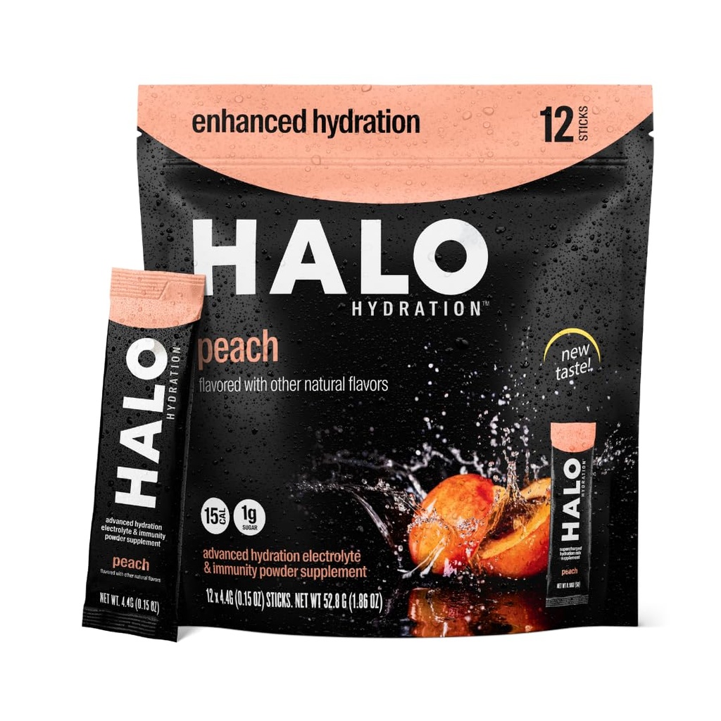 Hydratation HALO - Mélange de boissons électrolytes -Hydrification Powder Packets -Peach Flavor– Pour le sport et le cyclisme - Easy Open Single Serving Stick