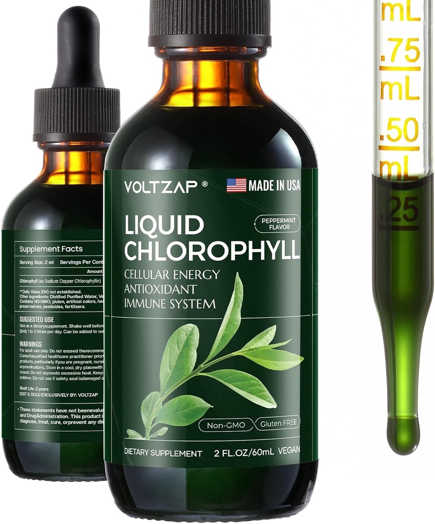 Chlorophylle Liquid Drops - Suppléments de Chlorophylle Liquid Premium pour le soutien immunitaire, l'augmentation d'énergie, le soutien digestif, la santé Gut & Peau - Naturel & Non-OGM & Menthe Vegan Aromatisé 2fl.oz