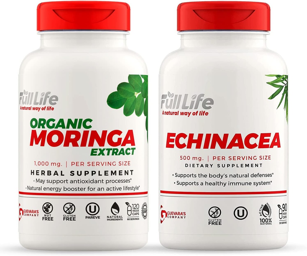 Capsules de Moringa et d'Echinacea à vie entière - Supplément à base de plantes - Moringa Pills for Women and Men - Natural Energy Booster - Casher, sans gluten - Veggie Caps