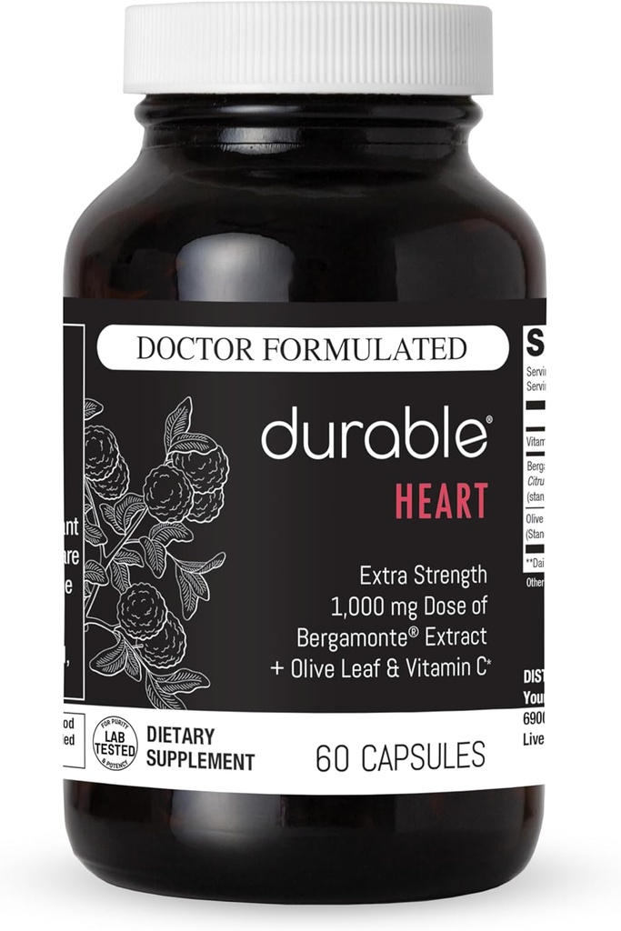 Cœur durable – Bergamonte Citrus Bergamot 1000 mg + Extrait de feuille d'olive + vitamine C - Supplément santé cardiaque pour le cholestérol sain - Médecin formulé, végétalien, non-OGM, fabriqué aux États-Unis (60 capsules)
