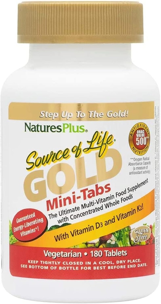 NaturesPlus Source de vie Multivitamine d'or - 180 Mini-Tabs - avec des vitamines D3, B12 et K2 - Sang, os et immunosupport - Végétarien et sans gluten - 30 portions