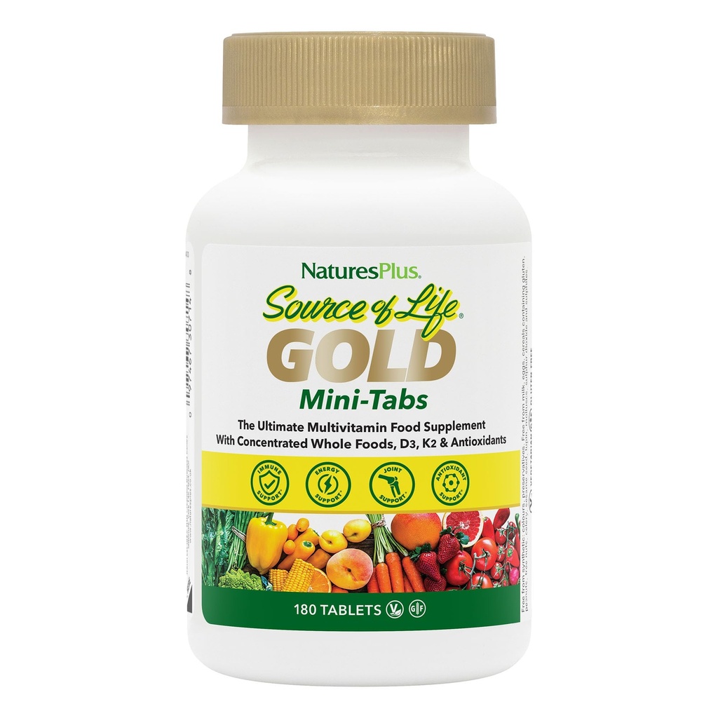 NaturesPlus Source de vie Multivitamine d'or - 180 Mini-Tabs - avec des vitamines D3, B12 et K2 - Sang, os et immunosupport - Végétarien et sans gluten - 30 portions