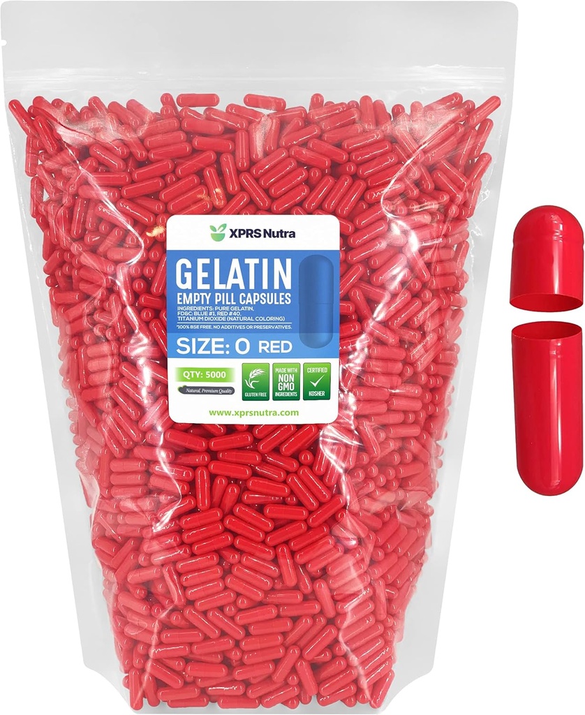 XPRS Nutra Taille 0 Capsules vides - 5000 Compte Capsules de gélatine vides - Remplissage de la gélule de bricolage - Pure pilules Bovines Gel Caps pour Do-It-Youlf Suppléments (Rouge)