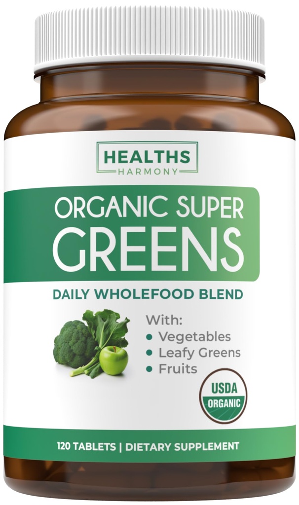 USDA Organic Super Greens Supplement - Organic Greens Fruits and Vegetable Supplement for Adults with 28 Superfood Complex with Superfruits Roots Herbs & More - Vegan & Non-GMO (Up to 2 Month Supply)