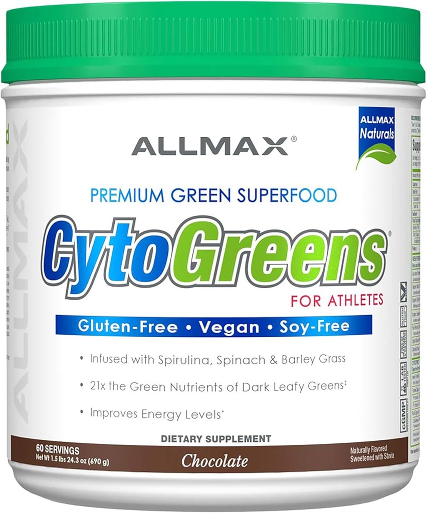 ALLMAX CYTOGREENS, Chocolat - 1,5 lb - Soutient la performance, la récupération et l'énergie - avec Spiruline, Chlorella, Épinards, Orge et Thé Vert - 60 portions
