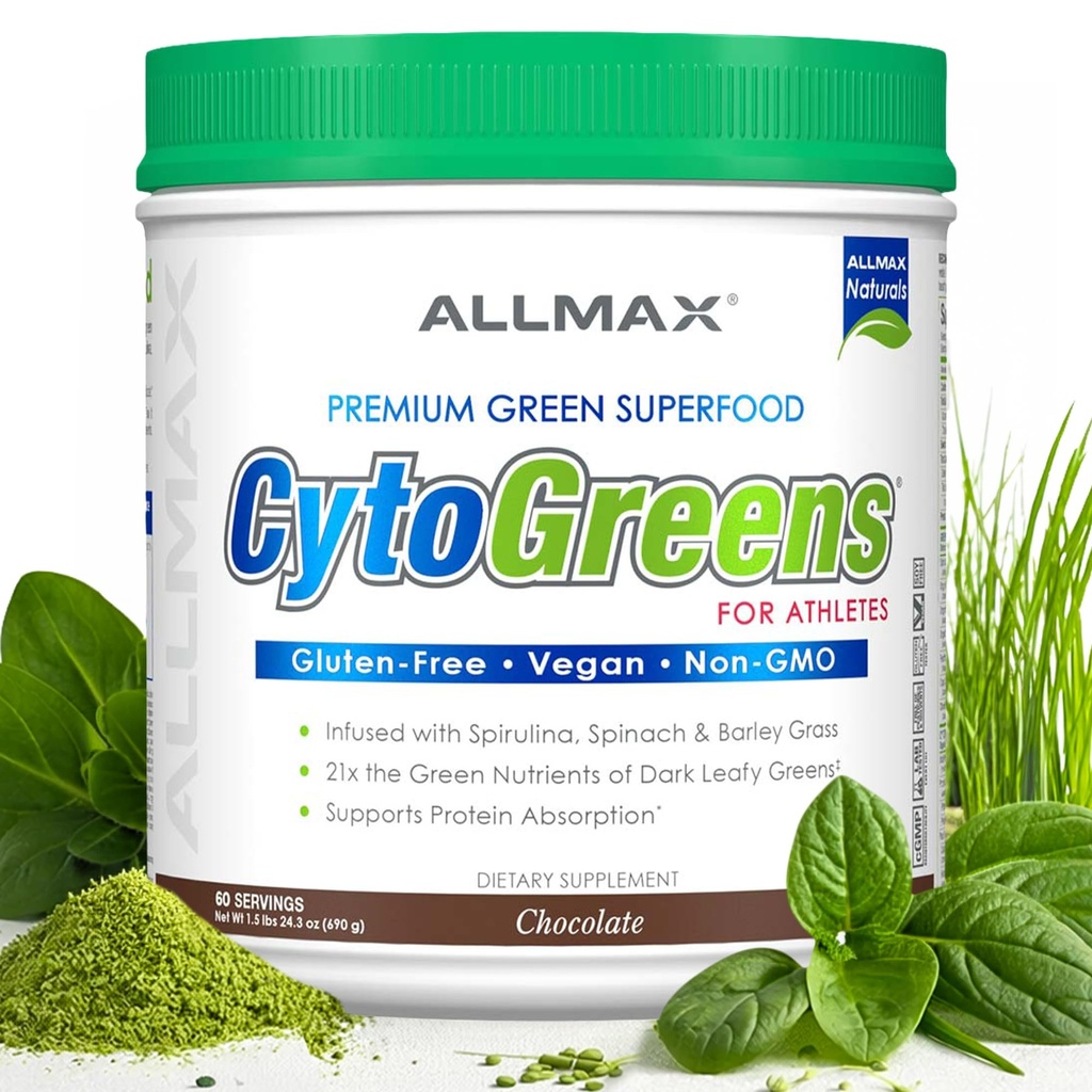ALLMAX CYTOGREENS, Chocolat - 1,5 lb - Soutient la performance, la récupération et l'énergie - avec Spiruline, Chlorella, Épinards, Orge et Thé Vert - 60 portions
