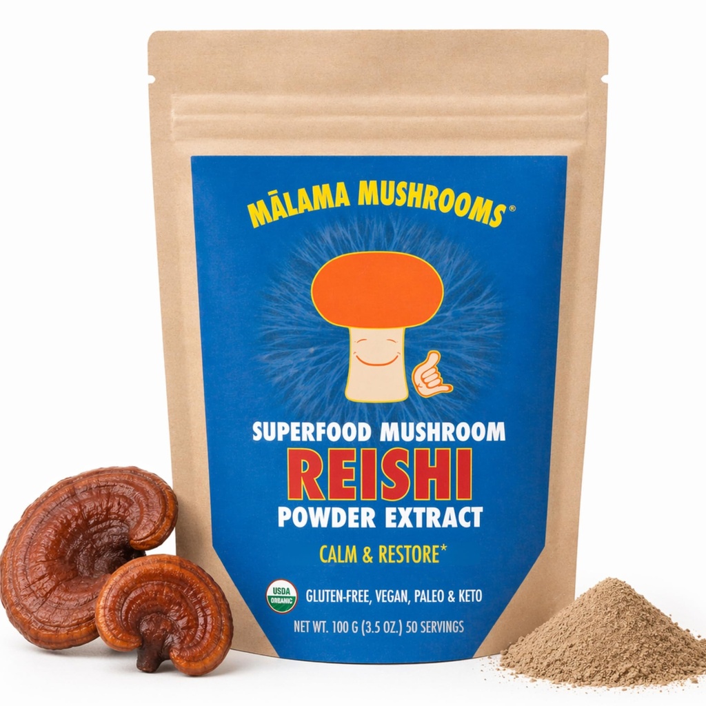 Malama Bio Reishi Poudre de champignons, Extrait du corps pur de fruits, Superfood adaptogène pour le soutien immunitaire et le bien-être, 100 portions