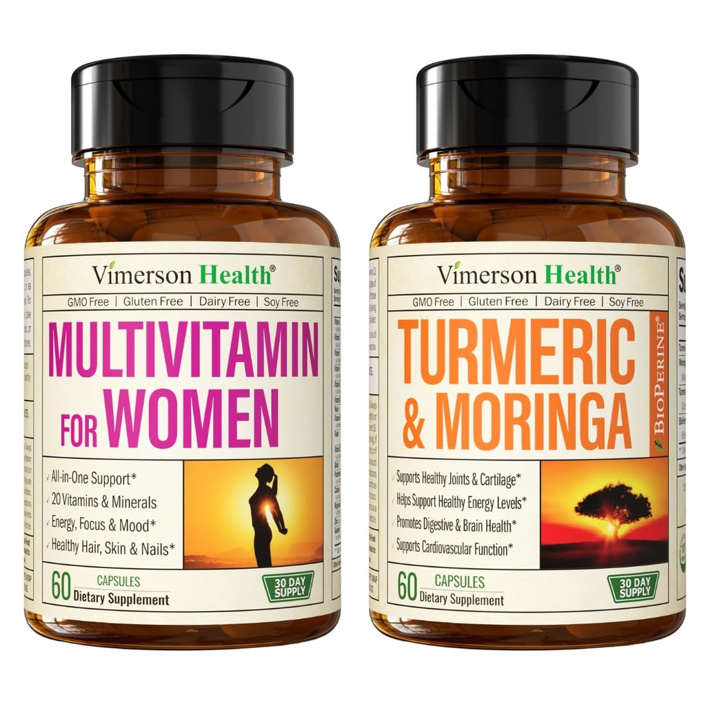 Vimerson Health Womens Multivitamin & Turmeric Moringa Supplément pour le soutien immunitaire, l'énergie, l'humeur, les cheveux, la peau, les ongles, les articulations et la digestion.