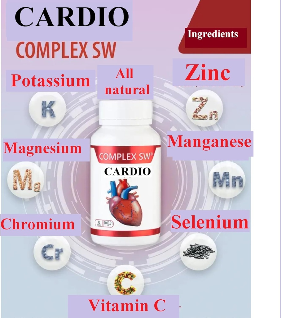 Suppléments cardiaques pour la santé, la circulation sanguine saine et le soutien de la pression artérielle avec le potassium, le magnésium, le chrome, le zinc, le manganèse, le chrome, le sélénium, 30CAPSULES 1000,31 Mg Chacun