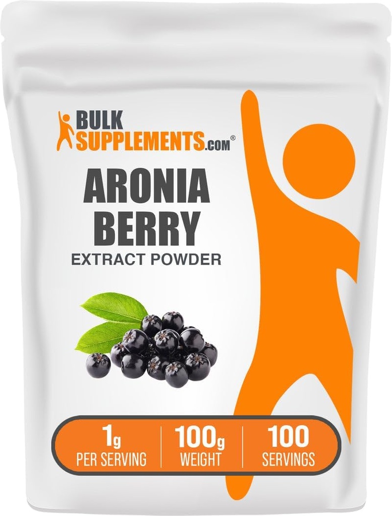BulkSupplements.com Poudre d'extrait d'aronia - Extrait de baies d'aronia, Supplément de fraises - Sans gluten, 1g par portion, 100g (3.5 oz) (paquet de 1)