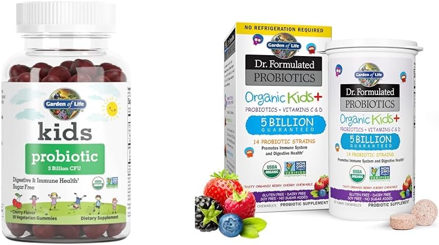 Jardin de la vie Probiotiques pour enfants Gummies, Chewables - 3 milliards UFC, 5 milliards UFC, sans sucre, biologique, immunitaire et santé digestive