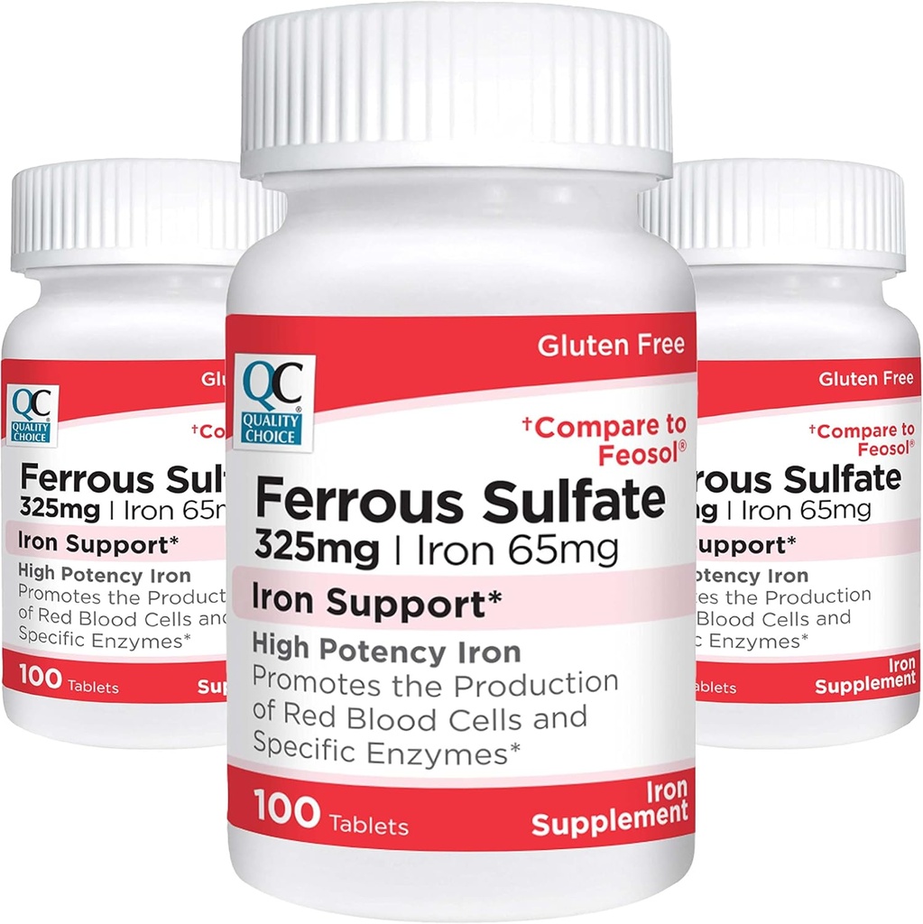 Choix de qualité Fer 65 mg (325 mg de sulfate ferreux) Supplément de soutien en fer de haute puissance Comprimés dans 100 bouteilles de comptage (3 paquets)