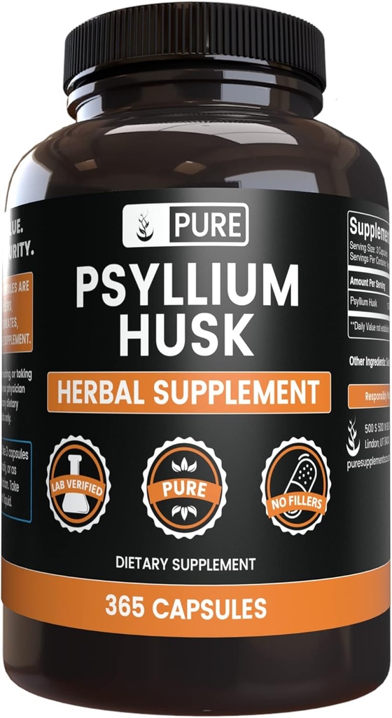 PURE ORIGINAL INGRÉDIENTS Psyllium Husk (365 Capsules) Pas de Magnésium ou de Rice Fillers, Toujours Pure, Verified Lab