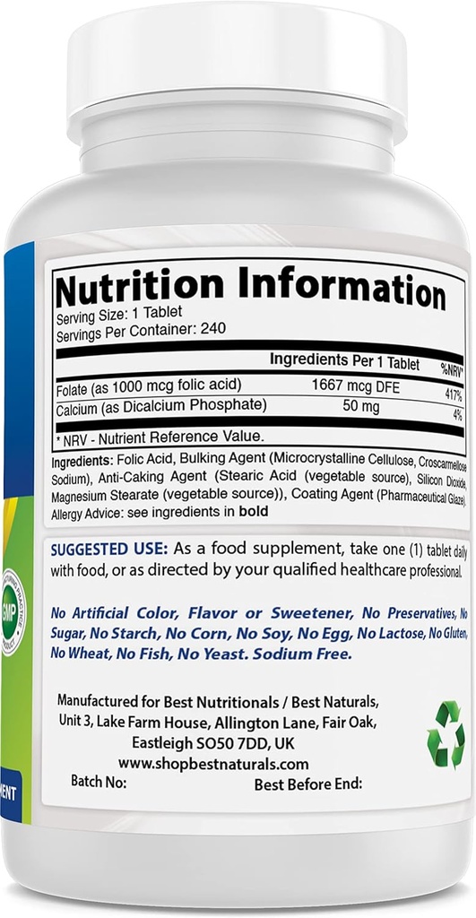 Meilleur acide folique naturel 1000 mcg et oxyde de magnésium 500 mg